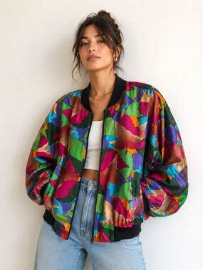 Vintage CArol Horn Multicolor SILK Bomber Jacket XL